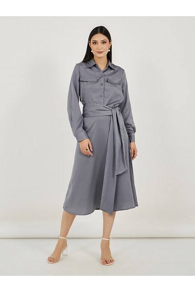 Styli Satin Shirt Midi Dress with Self Tie-Belt