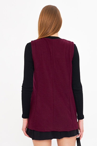 armonika Kadın Mürdüm V Yaka Tek Düğmeli Oversize Desenli Yelek ARM-25K001110