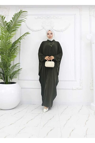 ECK MODA Women's Oversize Bat Sleeve Long Front Buttoned Lycra Sandy Fabric Necklace Detail Ferace