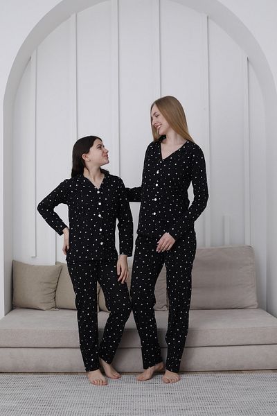 KAPİTEX Set de pijamale cu nasturi de culoare neagră pentru mama și fiica