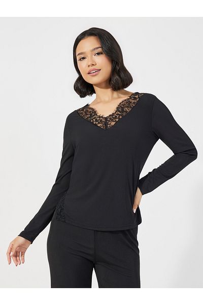 Styli Lace Insert V Neck Top & Pants Pyjama Set
