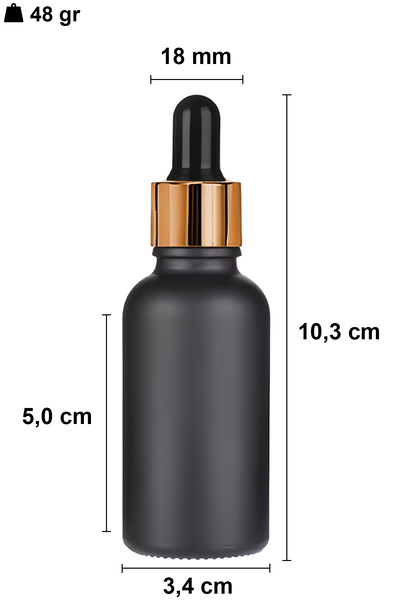 Afracam 30 ml Mat Siyah Cam Damlalıklı Serum Şişesi 30 cc Gold Metal Kapaklı Dropper Cam Şişe 6 Adet