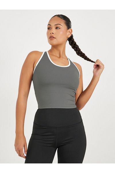 Styli Ribbed Racerback Longline Sports Bra with Contrast Piping
