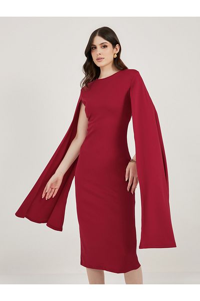 Styli Long Cape Sleeve Sheath Midi Dress