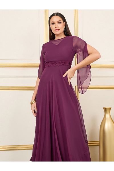 Styli Floral Applique Mesh Slit Sleeves A-Line Maxi Dress