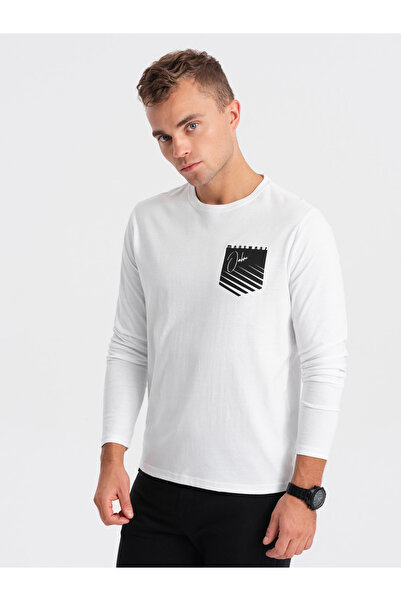 OMBRE Ανδρικό μακρυμάνικο με στάμπα τσέπης λευκό V1 OM-LSPT-0118 XL