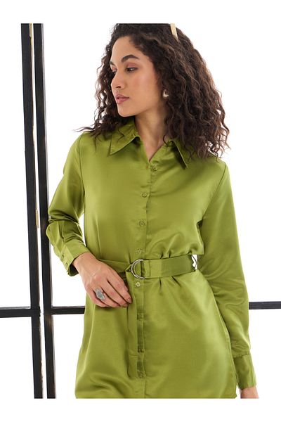 Sassafras By Styli Belted Satin Shirt Mini Dress