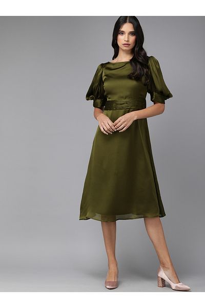 Mish By Styli Boat Neck Chiffon Midi Dress with Puff Sleeve