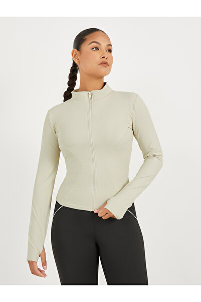 Styli سترة بسحاب مع تفاصيل فتحة الإبهام ذات نسيج مضلع