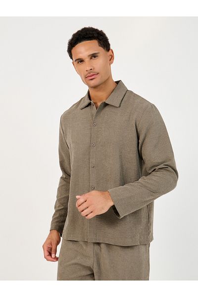Styli Textured Woven Striped Long Sleeve Shirt & Pyjama Set