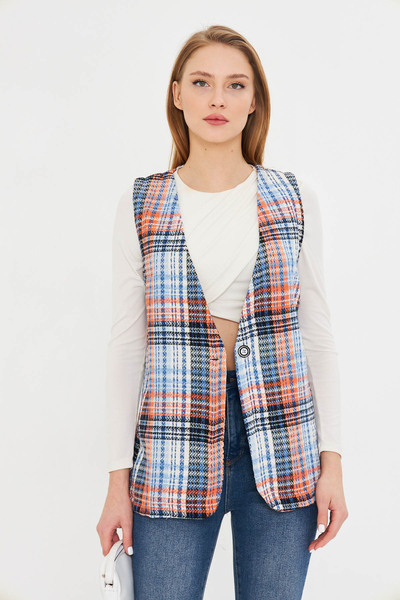 armonika Жіночий оранжевий жилет з V-подібним коміром, одним ґудзиком та великим візерунком ARM-25K001111
