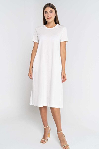 mica Plain Midi Dress with Short Sleeves and Pockets