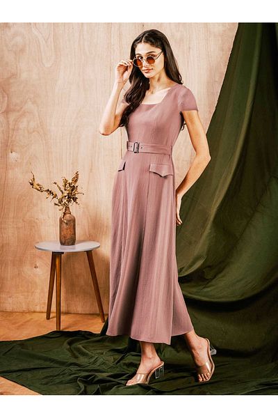 Mish By Styli Belted Square Neck Flared Midi Dress