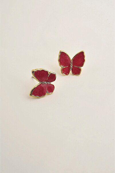 EUROMODA Kelebek Tasarımlı Sedefli Mineli Parlak Taşlı Vidalı Küpe