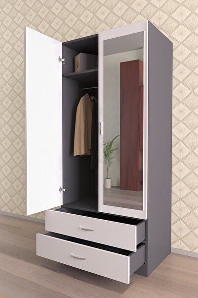 hediye kapında "Alelia" Aynalı Gardırop 5 Raflı Askılı 2 Çekmeceli Elbise Dolabı