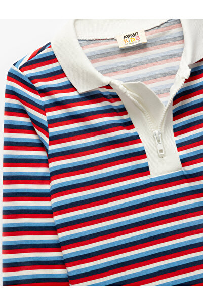 Koton Langärmliges T-Shirt mit Polokragen aus Baumwolle und Reißverschlussdetail