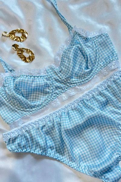 Kübra Tekstil Set de sutien pentru lenjerie de corp din satin albastru, cu sârmă, fără susținere, set de lenjerie intimă