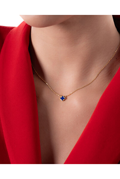 YCL 14 Ayar Altın Lacivert Taşlı Yonca Kolye 6mm