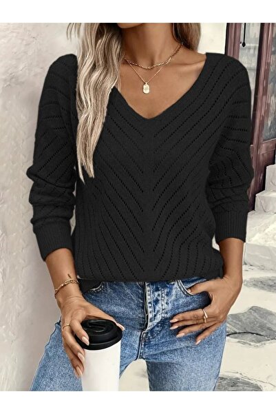 JANES Жіноча трикотажна блуза з довгими рукавами та V-подібним коміром