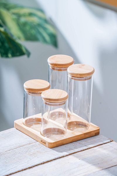 ACAR Malibu 4-Piece Glass Spice Rack Set with Bamboo Stand