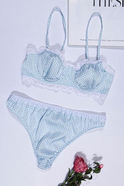 Kübra Tekstil Set de sutien pentru lenjerie de corp din satin albastru, cu sârmă, fără susținere, set de lenjerie intimă