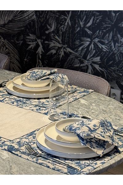 Heriya Set of 6 Linen Pamira Patterned American Serving and Napkin - 45X30/30X30