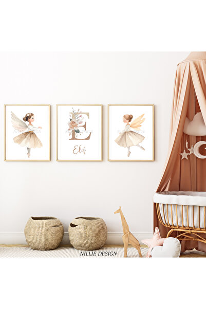 NILLIE DESIGN Bej Peri Kızları 3'lü İsimli Tablo, Doğal Ahşap Çerçeveli Bebek...