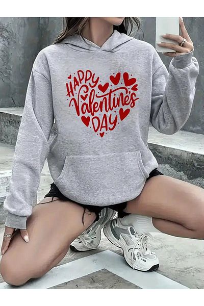 LAND MODA Oversize Hooded Red Heart Printed Sweatshirt Hoodie