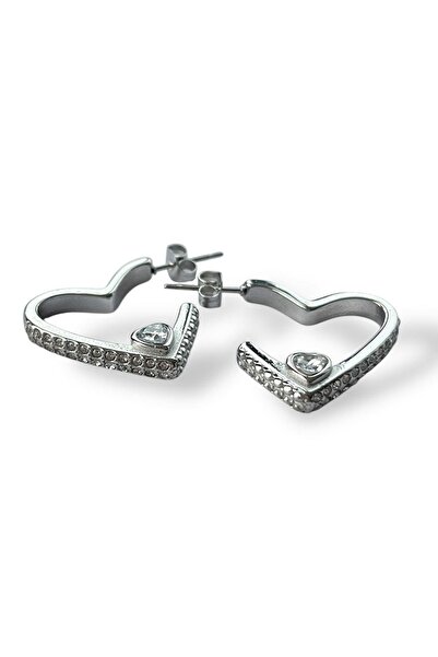 TAKIŞTIR Silver Color Heart Figured Stone Detailed (Pair)