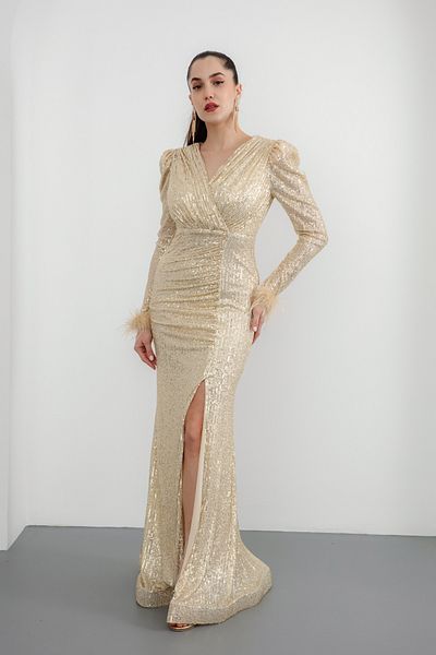 Lafaba Gold Sequined Double Breasted Collar Long Women's Evening Dress