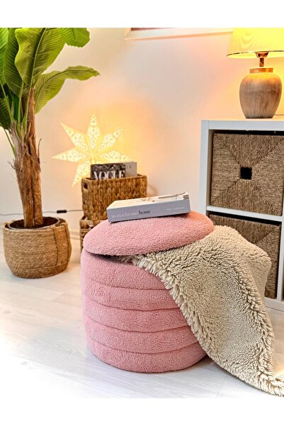 WEBPANYA Geniş Oturum Alanlı Handmade Teddy Kumaş Sandıklı Silindir Dekoratif Puf Orta Sehpa