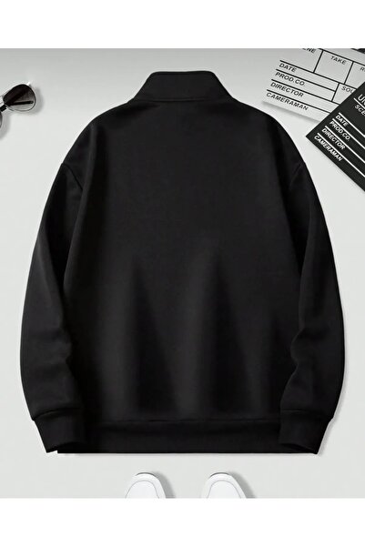 FECCY Unisex Yarım Fermuarlı Göktürk Yazı Baskılı Siyah Sweatshirt