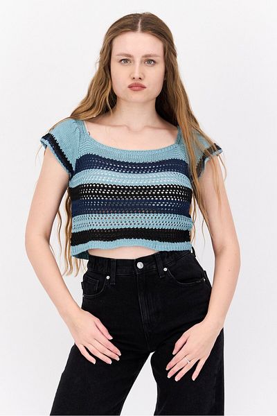 Bcbgeneration Women Square Neck Short Sleeves Knitted Top, Teal Blue