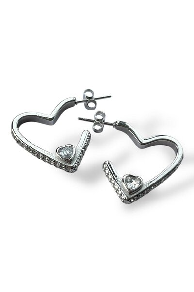 TAKIŞTIR Silver Color Heart Figured Stone Detailed (Pair)