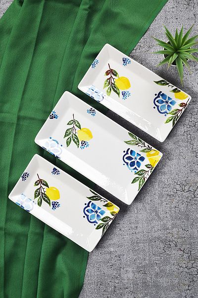Piatti Naturali 3-Piece Lemon Pattern Handmade Ceramic Breakfast Salad Presentation Snack Bowl Set Boat Plate Set