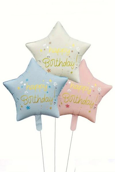 BeySüS Set of 3 Happy Birthday Star Foil Balloons Pink Cream Blue 18 Inch