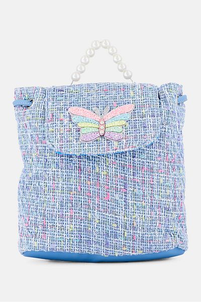 OMG Accessories Kids Girl Butterfly Tweed Mini Backpack 25 H x 22 L x 8 W cm, Light Blue Combo