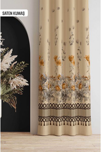 Diper Cream Floor - Satin Belt Nostalgi Patterned and Digital Printed Background Curtain
