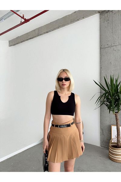 Jeevee Fustă pantaloni scurți plisați cu centură din țesătură creponată