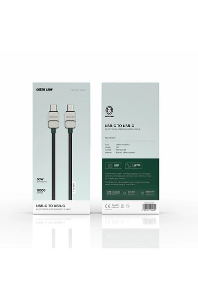 Green Lion Usb C To Usb C Electroplated Braided Cable 1M 60W - Black+Green