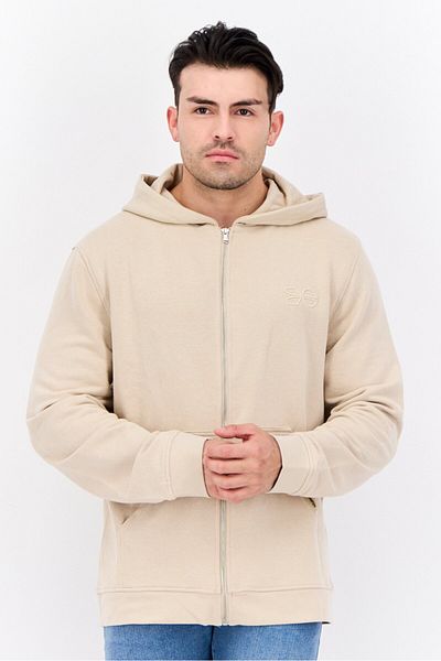 Crosshatch Men Embroidered Long Sleeves Hooded Sweatshirt, Beige
