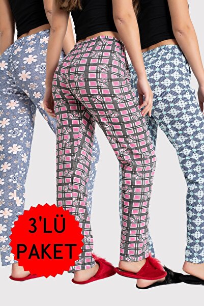 DONEX 3 Pack Two Yarn Fabric Ribbon Waist Detail Printed Women's Sleepwear Bottom Pack Without Pockets