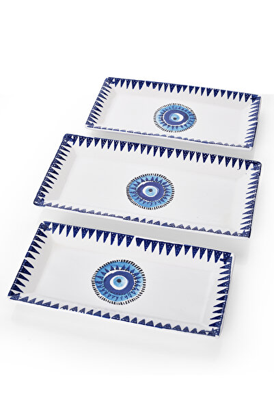 Piatti Naturali 3’lü Nazar Desen Handmade Seramik Kahvaltı Salata Sunum Çerezlik Seti Kayık Tabak Seti