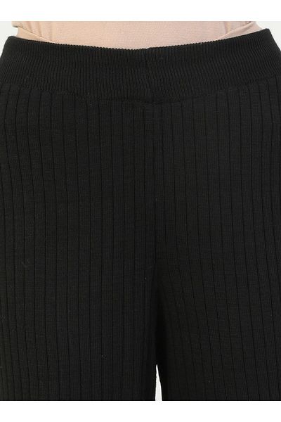 Por La Cara Ribbed and Elastic Waist Knitwear Loose Trousers - Black -