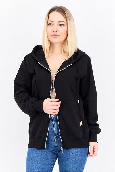 Juice Women Hooded Long Sleeves Solid Full Zip Sweatshirt, Black