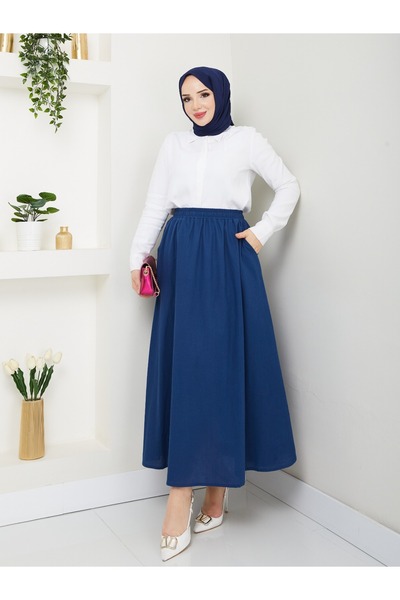 Güba Ticaret Lastikli Yüksek Bel, A Kesim, Dökümlü Ve Salaş, Uzun Flamlı Etek