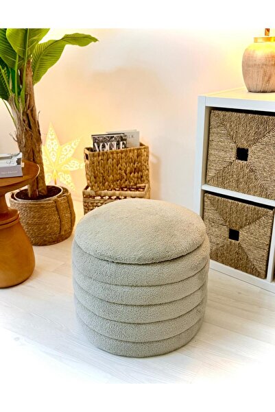 WEBPANYA Geniş Oturum Alanlı Handmade Teddy Kumaş Sandıklı Silindir Dekoratif Puf Orta Sehpa