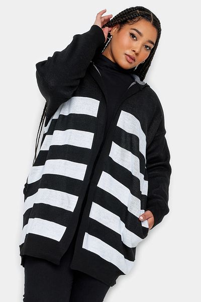 Stil Diva Large Size Long Sleeve Pocket Hooded Striped Knitted Cardigan302793