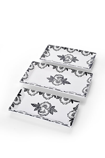 Piatti Naturali 3-Piece Black Rose Pattern Handmade Ceramic Breakfast Salad Presentation Snack Bowl Set Boat Plate Set