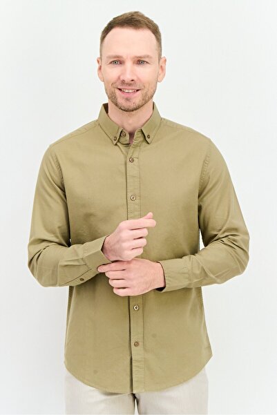 Algspar قميص رجالي كاجوال سادة بأكمام طويلة وقصّة عادية، زيتوني